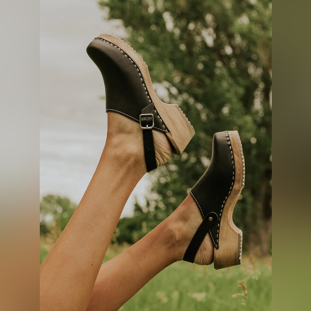 Free People Black Leather Clogs with Wood Platform